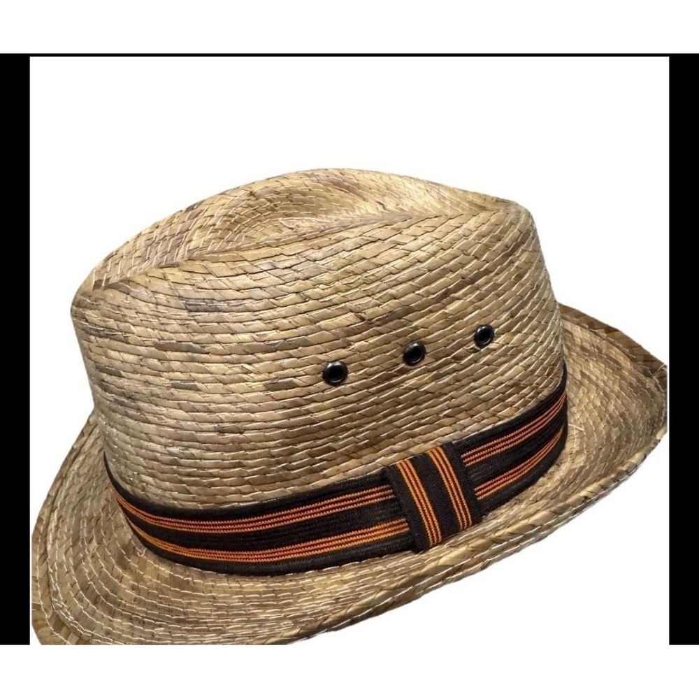 Natural Woven Straw Fedora Hat Kids with Striped Band and Grommet Vent Accents